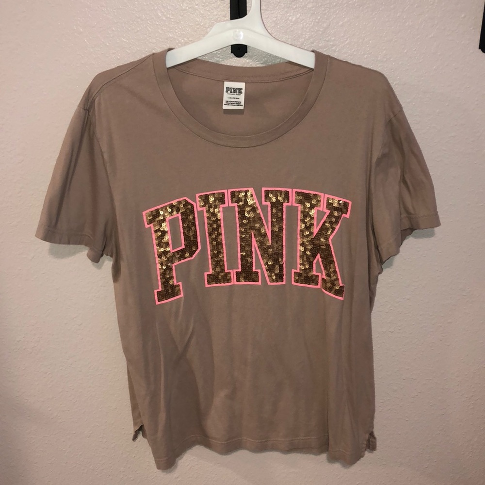 PINK Victoria’s Secret beige and neon pink sequined tshirt